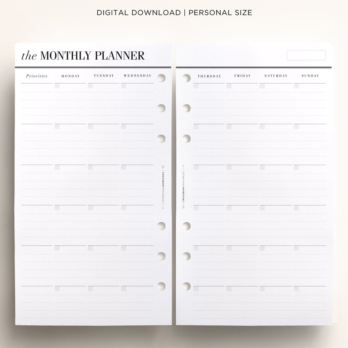 Minimal Month On Two Pages Printable: Personal Size – Crossbow Planner Co.