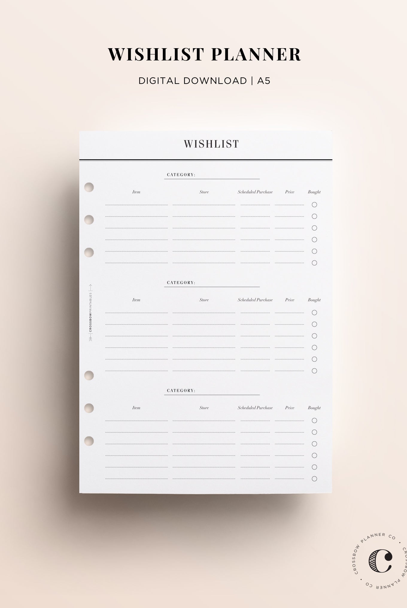 A5 wishlist printable planner