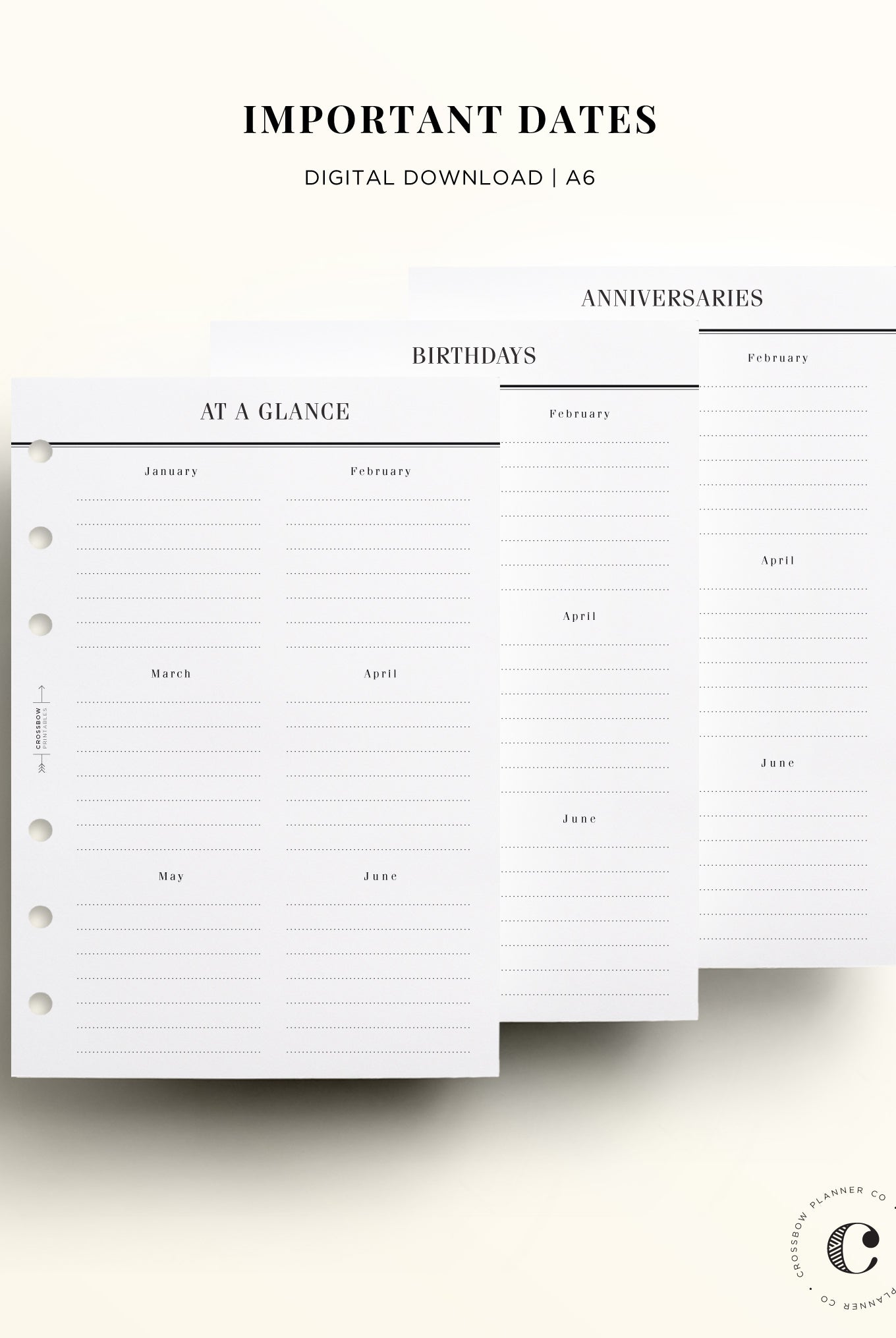important dates printable a6 inserts
