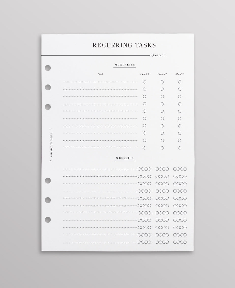 Recurring Task Chart Recurring Tasks Inserts A5 – Crossbow Planner Co.