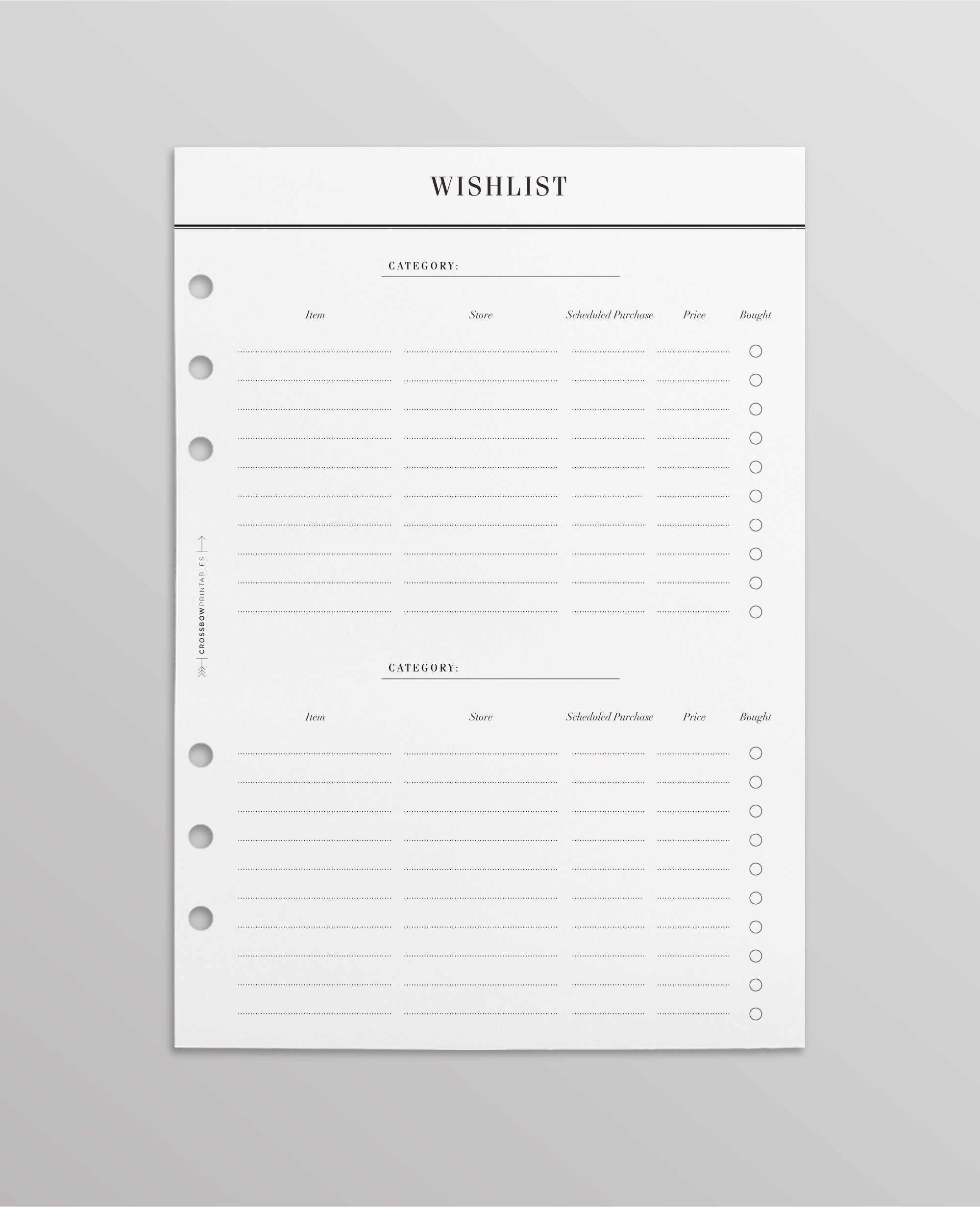 wishlist planner inserts a5