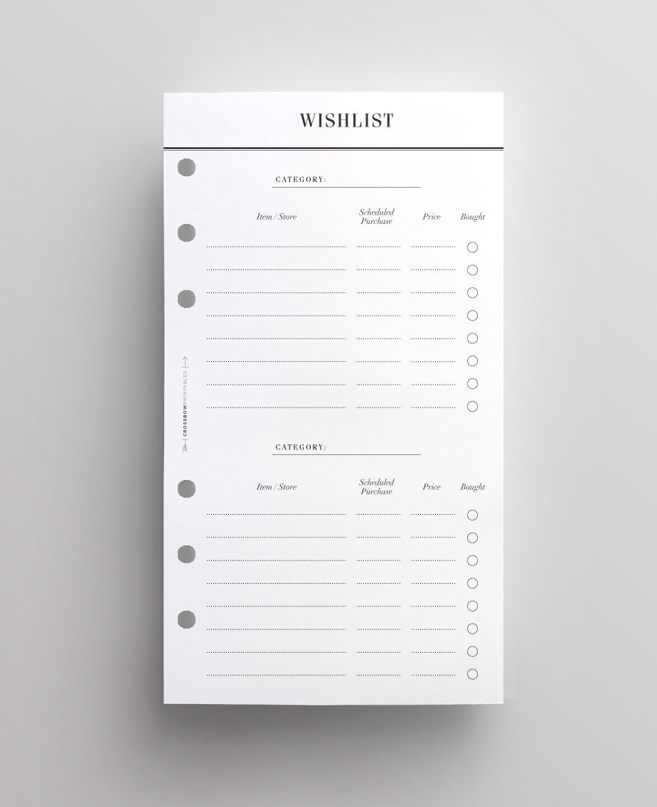 wishlist personal planner inserts
