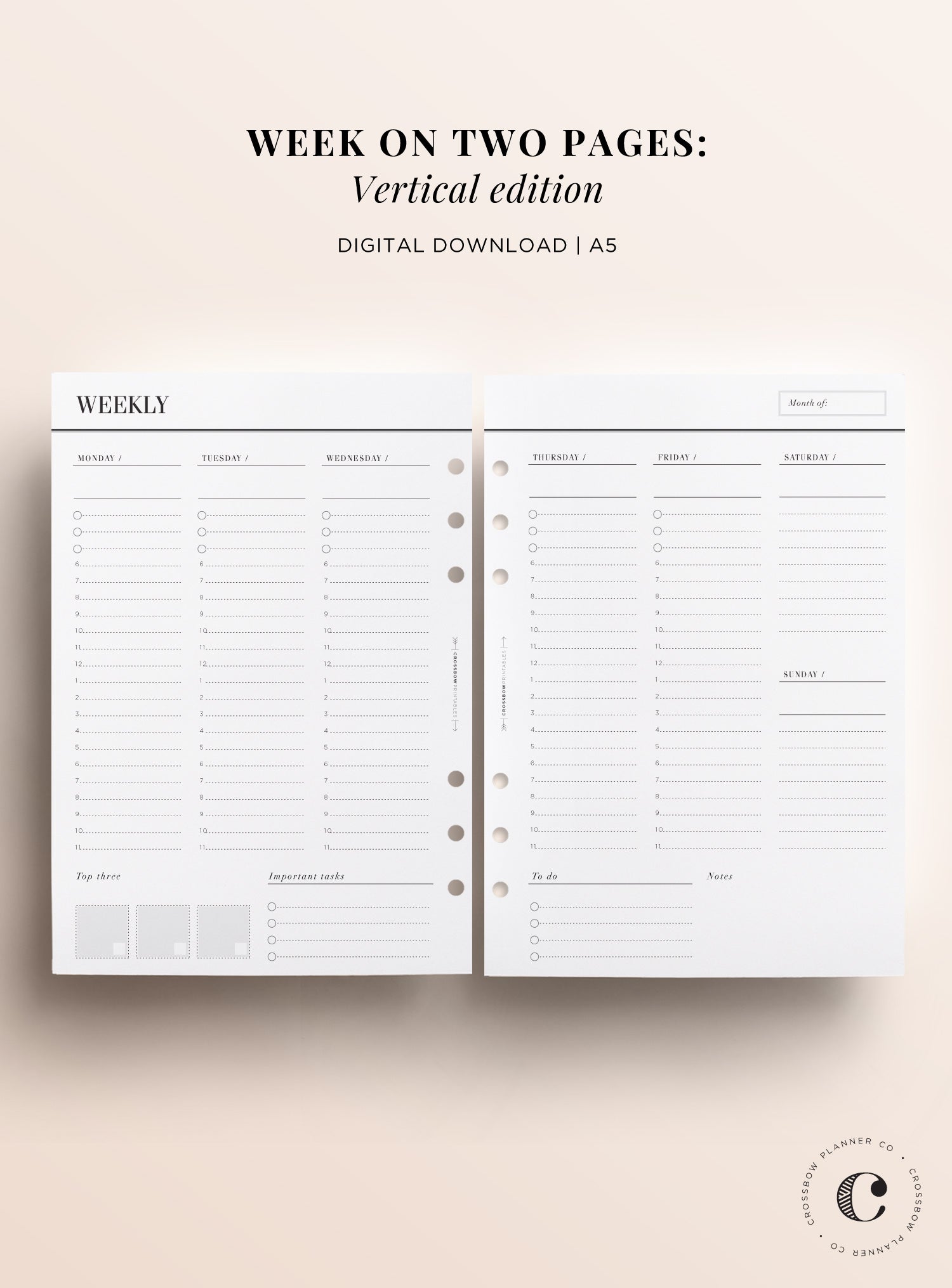 Week On Two Pages Vertical Edition: A5 Printable – Crossbow Planner Co.