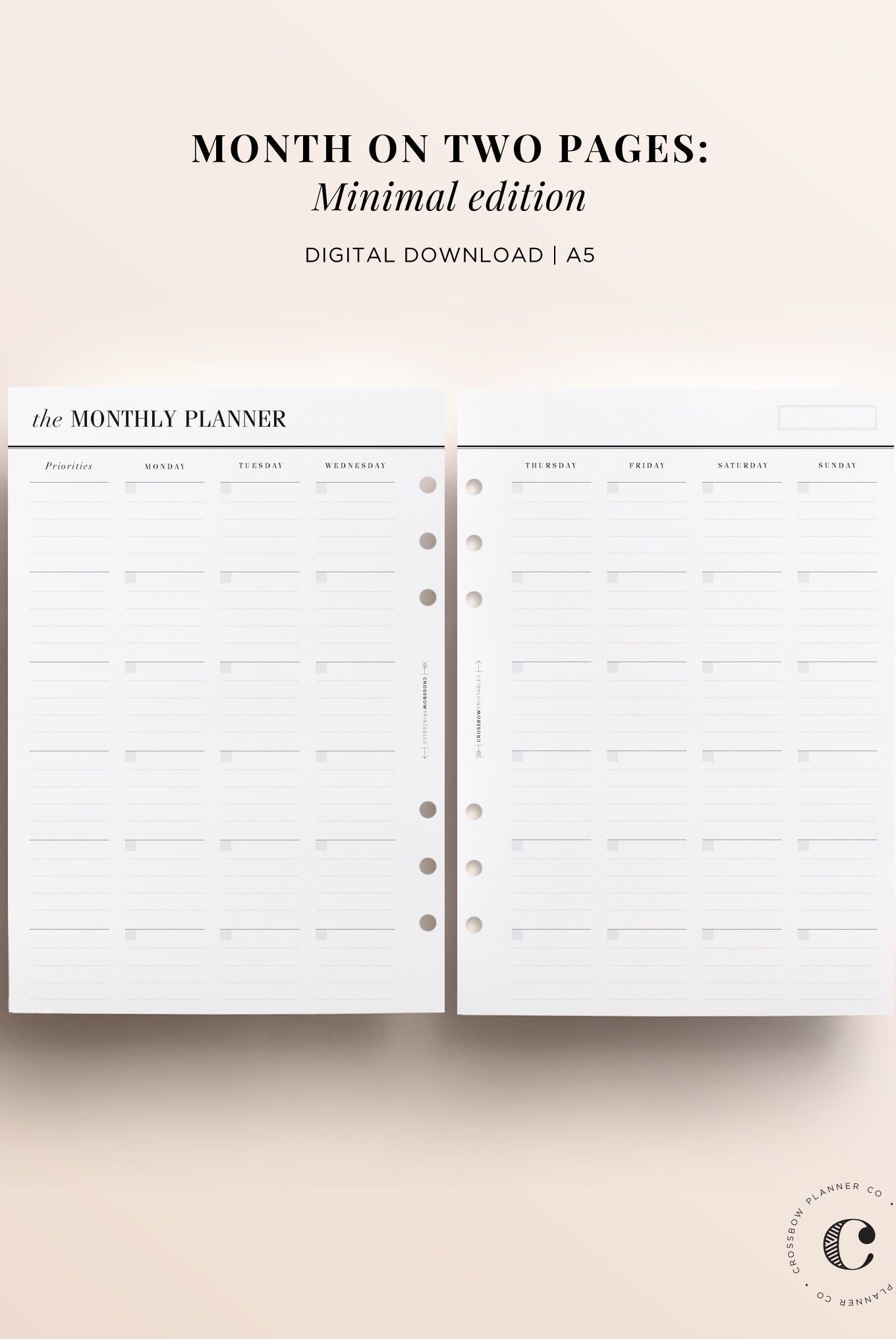minimal month on two pages printable a5 inserts