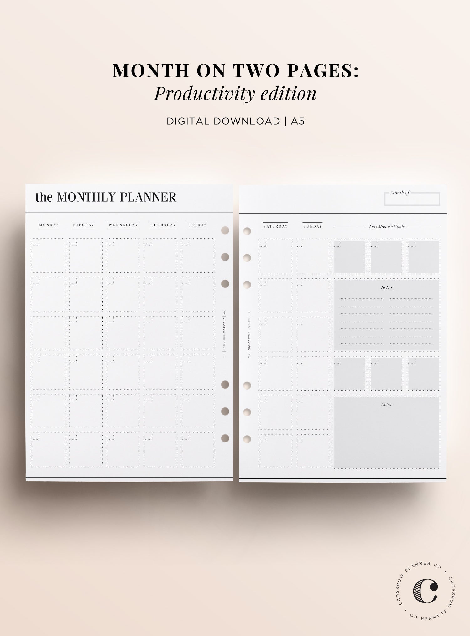 Month On Two Pages Productivity Edition: Printable A5 Calendar – Crossbow Planner Co. month-on-two-pages-productivity-edition-printable-a5-calendar-crossbow-planner-co