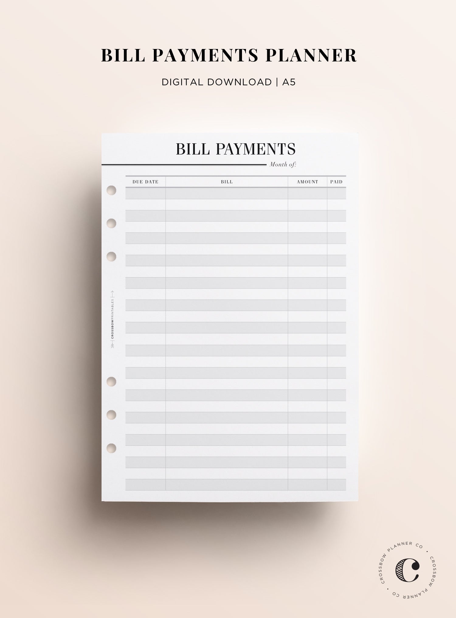 bill payments printable a5