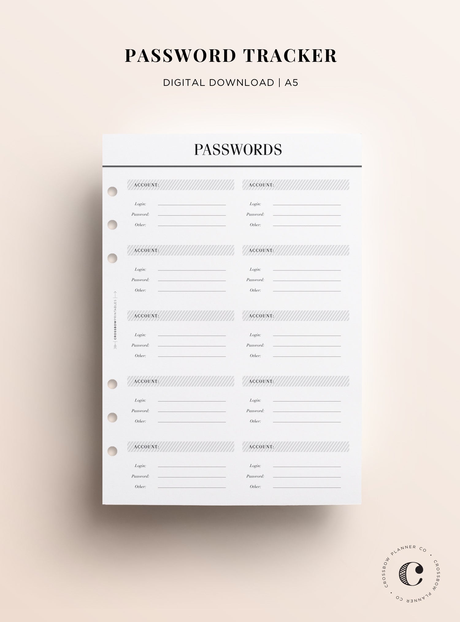 Passwords: Printable A5 Planner Inserts – Crossbow Planner Co. passwords-printable-a5-planner-inserts-crossbow-planner-co