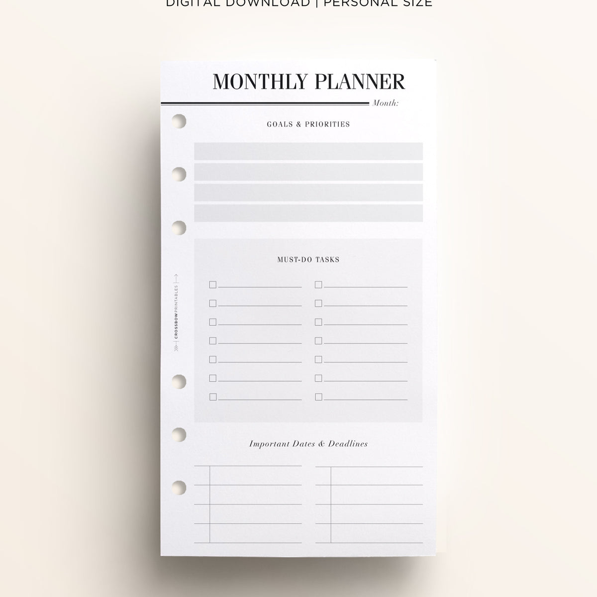 Monthly Planner: Printable Personal Size Pages – Crossbow Planner Co.