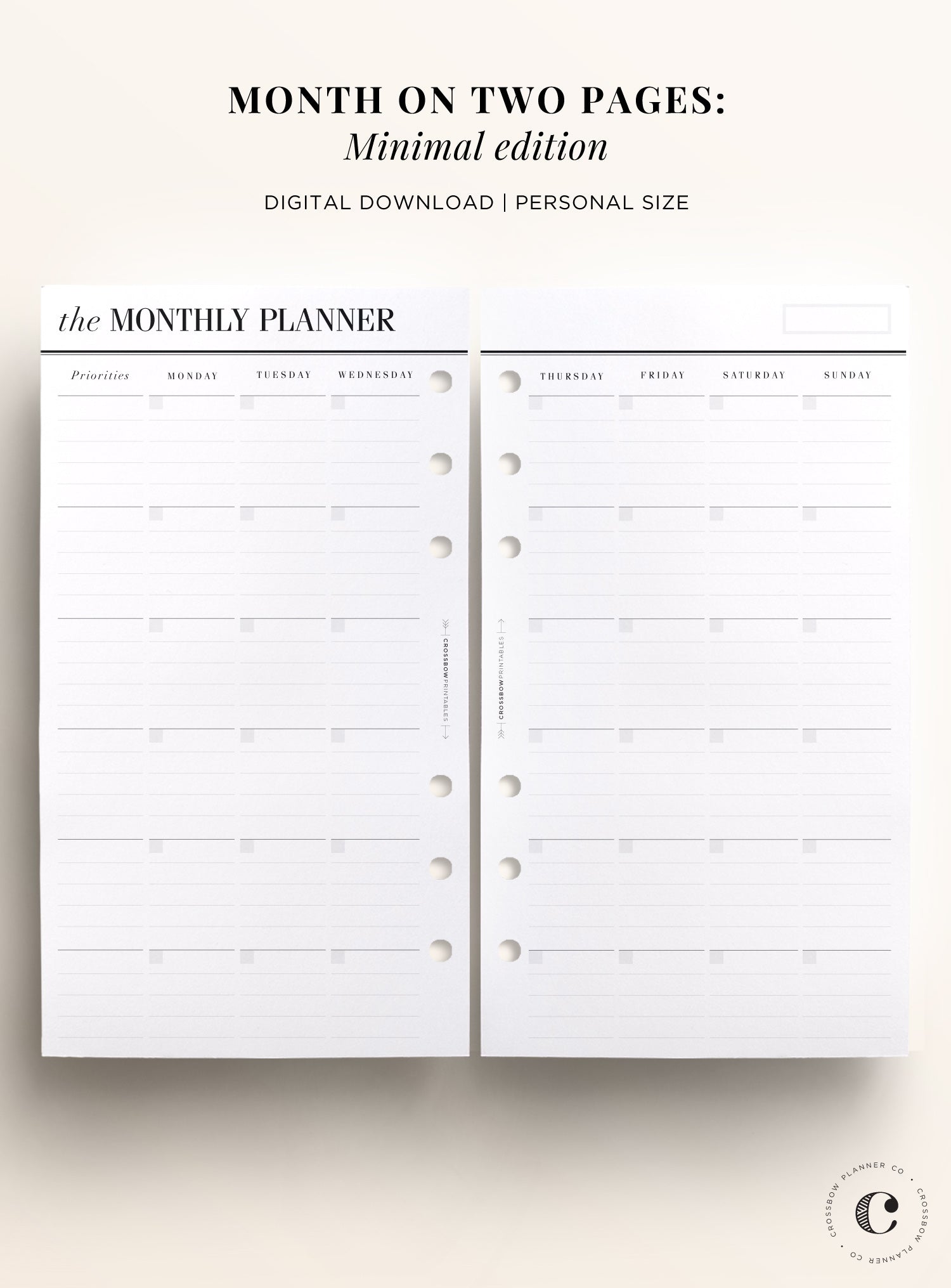 minimal month on two pages personal size