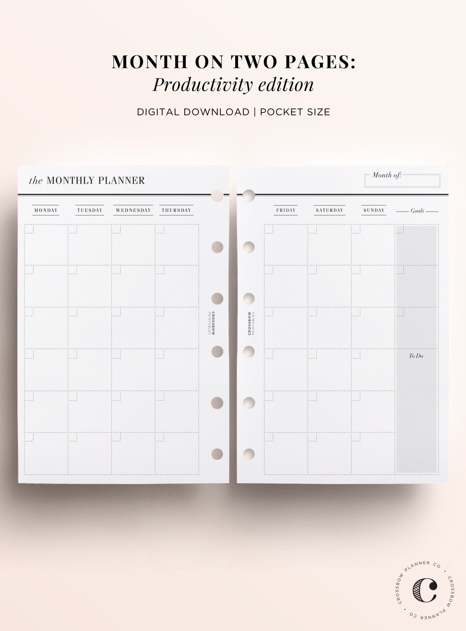 Month On Two Pages Productivity Edition: Printable Pocket Size Calenda – Crossbow Planner Co. Month on two pages productivity edition: printable pocket size calenda – crossbow planner co.