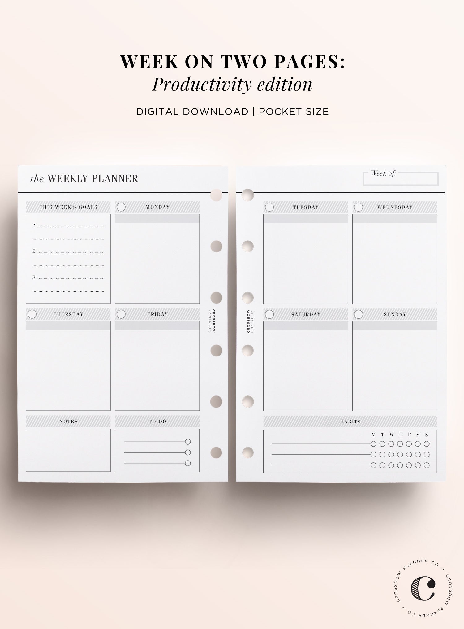 Week On Two Pages | Productivity Edition: Pocket Printable Calendar – Crossbow Planner Co. week-on-two-pages-productivity-edition-pocket-printable-calendar-crossbow-planner-co
