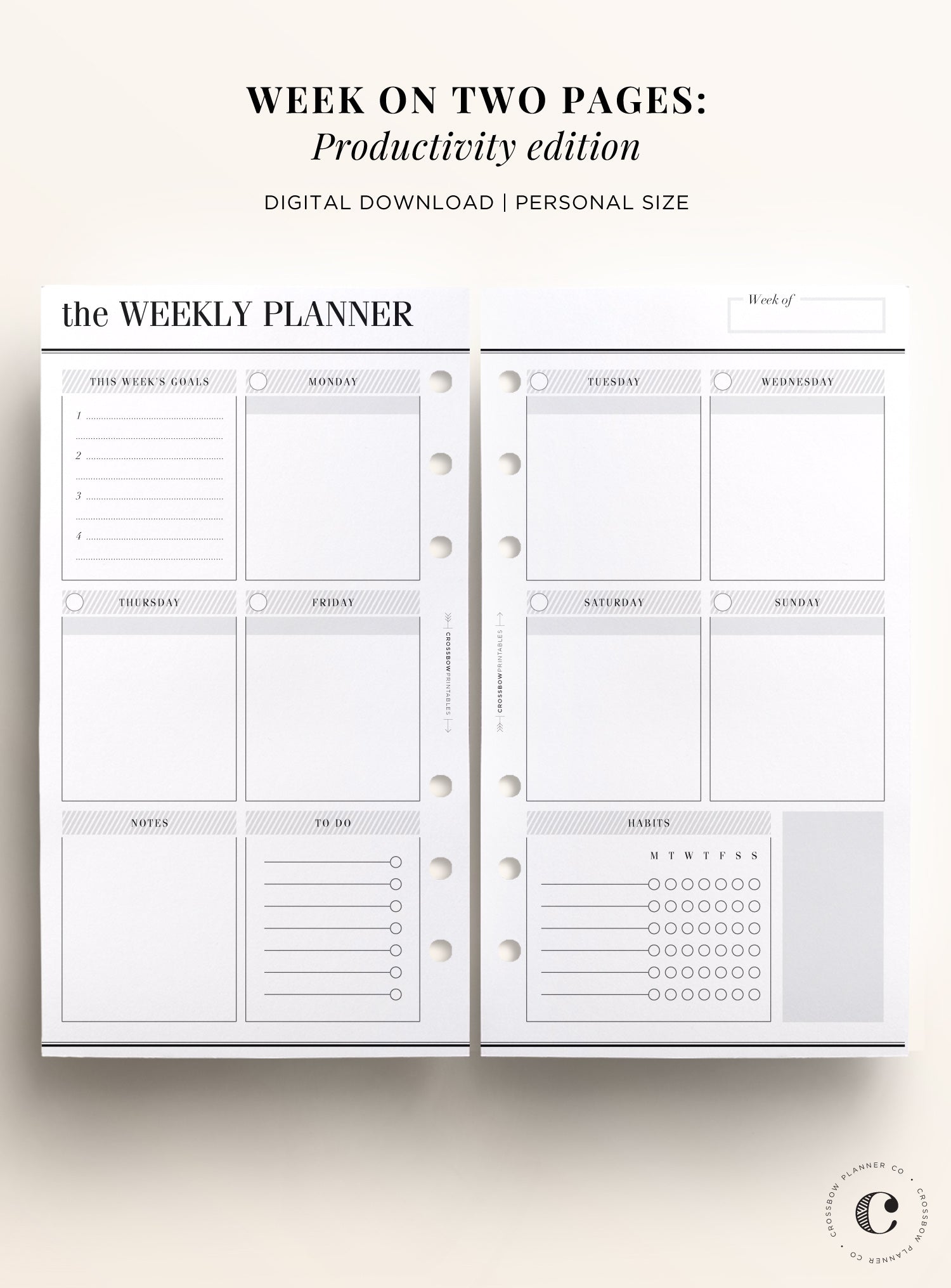 Week On Two Pages | Productivity Edition: Personal Printable Calendar – Crossbow Planner Co. week-on-two-pages-productivity-edition-personal-printable-calendar-crossbow-planner-co